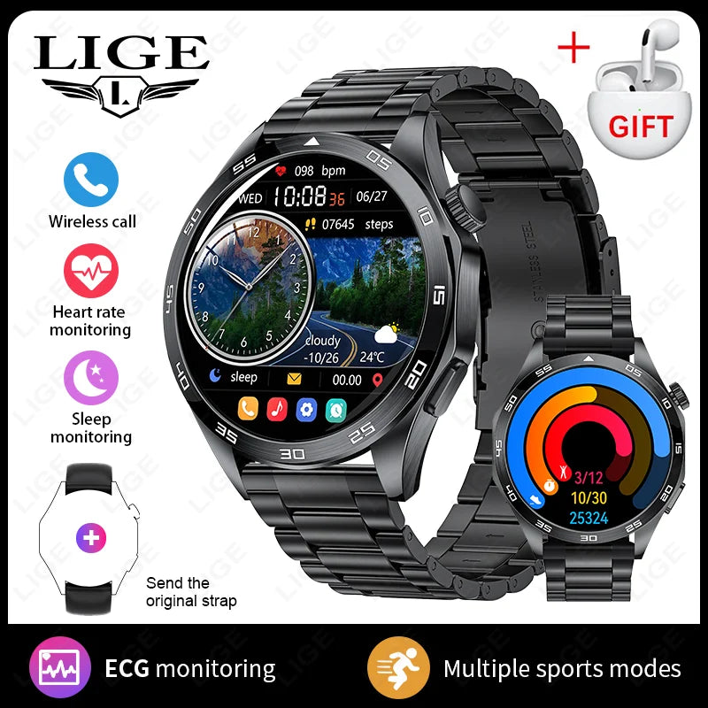 LIGE Micro Physical Examination ECG Smart Watch Men Bluetooth Call Heart Rate Blood Pressure Oxygen Health Smartwatch 2025 New