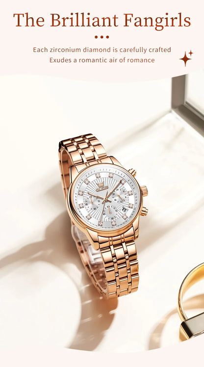 OLEVS 3669 Original Chronograph Quartz Wristwatch for Lady Calendar Waterproof Steel Strap Elegant Dress Women's Watches