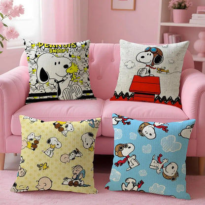 Cute Snoopy Pillow Case Natural Linen Organic Fabric Double-Sided Printing Sofa Home Decor Gift Cushion Cover