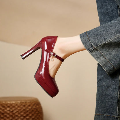 Women's classic round-toe platform heels with thick soles for 2026 summer featuring smooth leather texture Sizes available:35-42