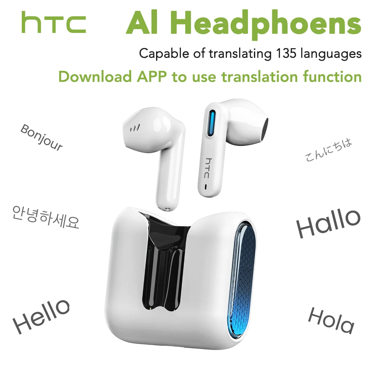 HTC NE49 Wireless Headphones Earphones Bluetooth V6.0 TWS In-Ear Comfortable Earbuds Ultra Low Latency AI Translator Earbuds