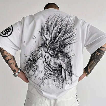 2026 Summer Dragon Ball Oversized T-shirt High Quality 100% Cotton Kid Goku with Power Pole Line Art Print UnisexCasual Y2K