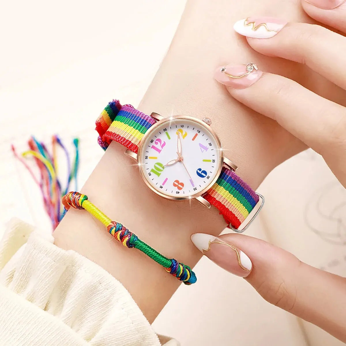 2pcs Set Fashion Rainbow Color Ultra-thin Canvas Strap Classic Men's Watches Colorful Bracelet Set