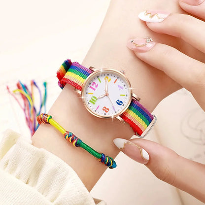 2pcs Set Fashion Rainbow Color Ultra-thin Canvas Strap Classic Men's Watches Colorful Bracelet Set