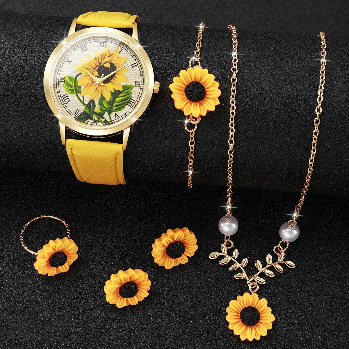 6PCS/Set Fashion Flower Dial Women Watches Leather Strap Quartz Watch Daisy Jewelry Set Reloj Mujer (Without Box)