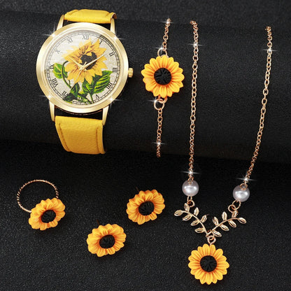 6PCS/Set Fashion Flower Dial Women Watches Leather Strap Quartz Watch Daisy Jewelry Set Reloj Mujer (Without Box)