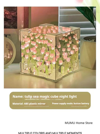 DIY 3D Cloud Tulip LED Night Light Flower Sea Mirror Table Lamps Cube Mirror Atmosphere Night Light Bedroom Decor Table Lamp