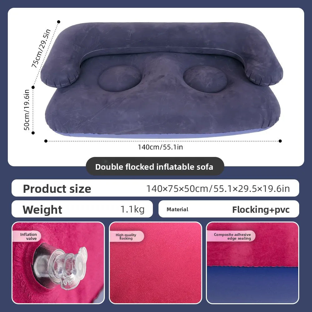 2 Person Inflatable Sofa Couch Portable Foldable Air Couch with Armrest Flocked Outdoor Camping Home Leisure Inflatable Lounge C