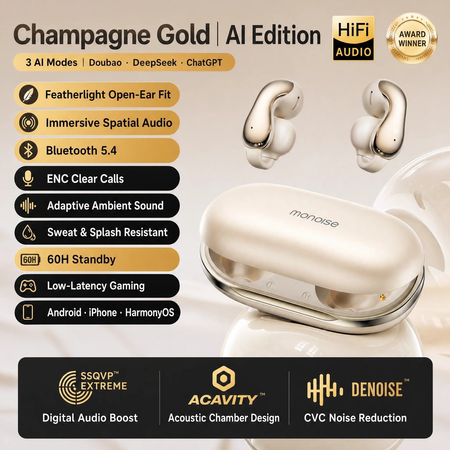 MONOISE Q8 AI Translation Earbuds Wireless Bluetooth 115 Languages Real Time Translator Semi In Ear Headphones with Mic