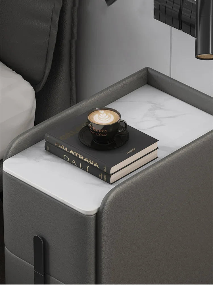 Moder Style Wooden Bedside Table Mini Narrow Leather Bedroom Nightstand Side Storage Cabinet with 2 Drawers Hotel End Table