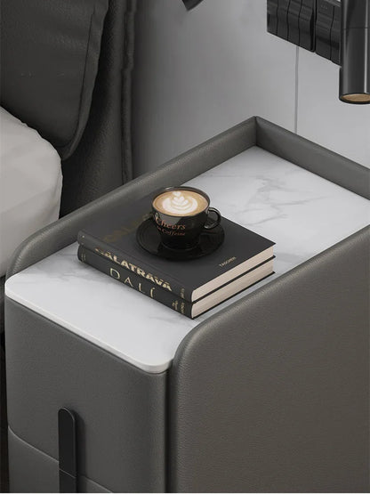 Moder Style Wooden Bedside Table Mini Narrow Leather Bedroom Nightstand Side Storage Cabinet with 2 Drawers Hotel End Table