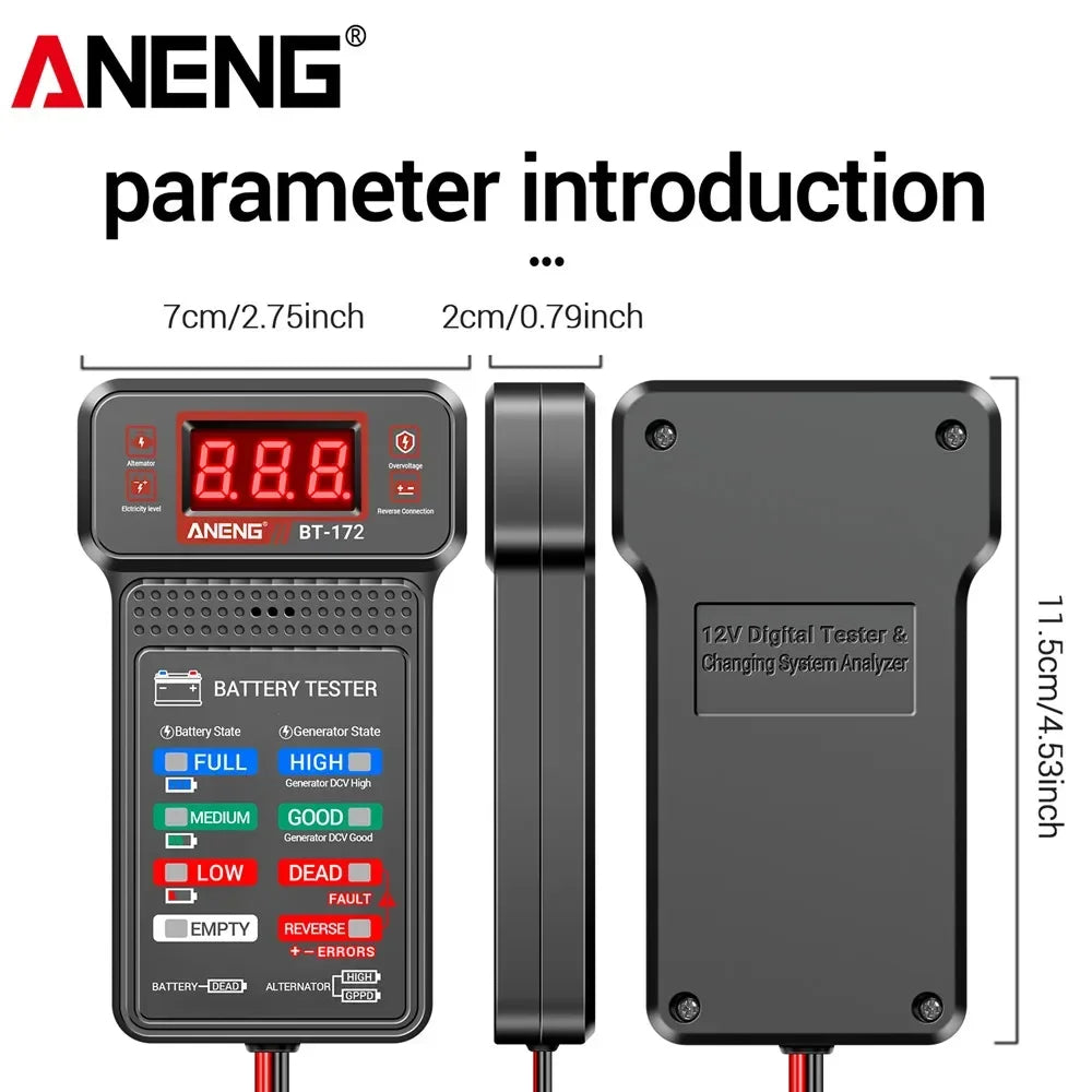 Car Battery Load Tester ANENG BT-172 Voltage Meter Gauge Digital Display Car Battery Monitor Amp Meter with Alligator Clips Tool