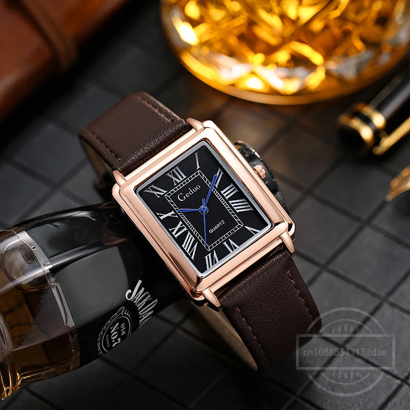 New Fashion Designer Rectangle Dial Quartz Watch for Men Casual Leather Strap Luxury Business Wristwatch Relogio Masculino