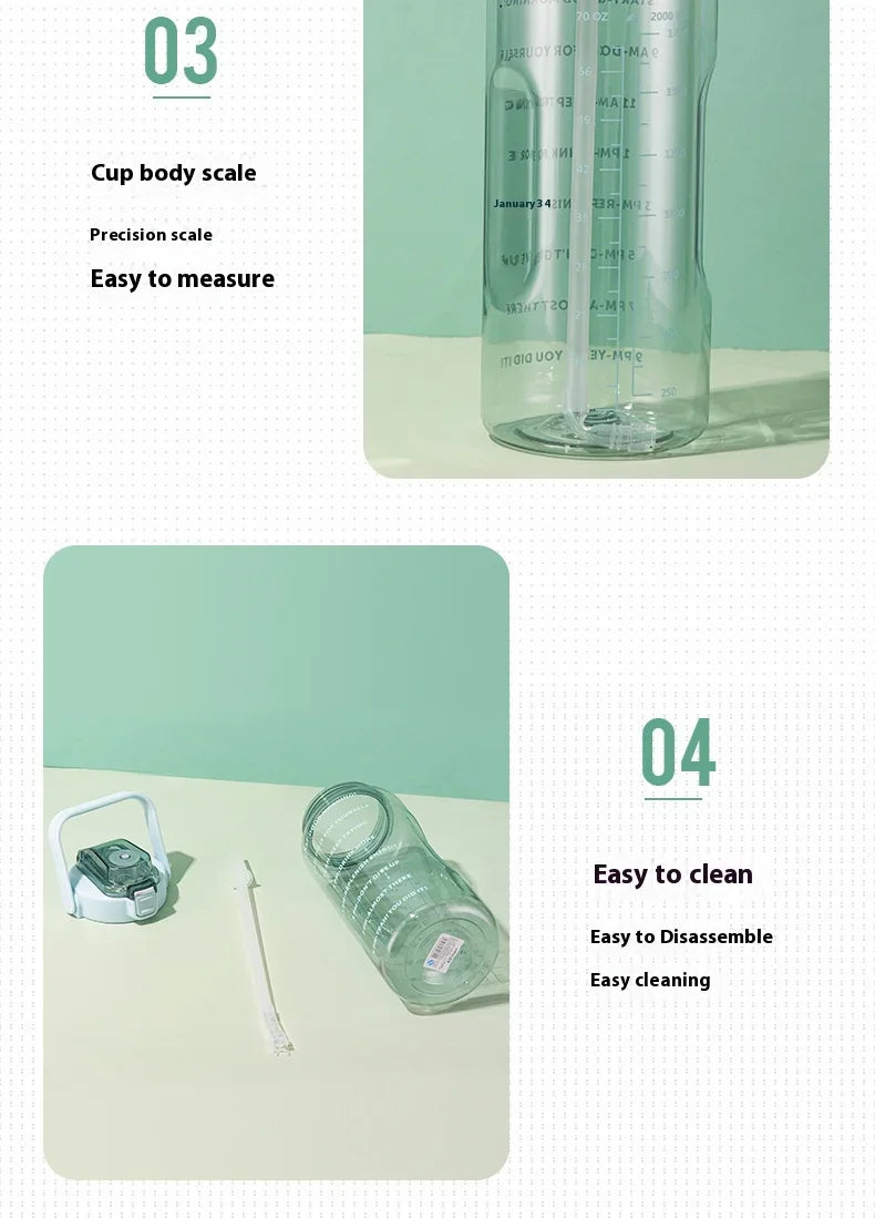 2L Water Bottle Portable Straw Plastic Water Cup for Outdoor Sports Fitness Adult High Value Big Fat Cup with Time Marker