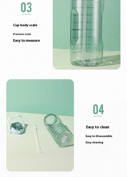 2L Water Bottle Portable Straw Plastic Water Cup for Outdoor Sports Fitness Adult High Value Big Fat Cup with Time Marker