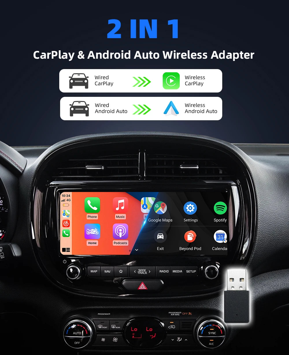 EKIY 2in1 Wireless CarPlay Adapter Wireless Android Auto Dongle AI Smart Box Car Intelligent Systems For Car With Wired CarPlay
