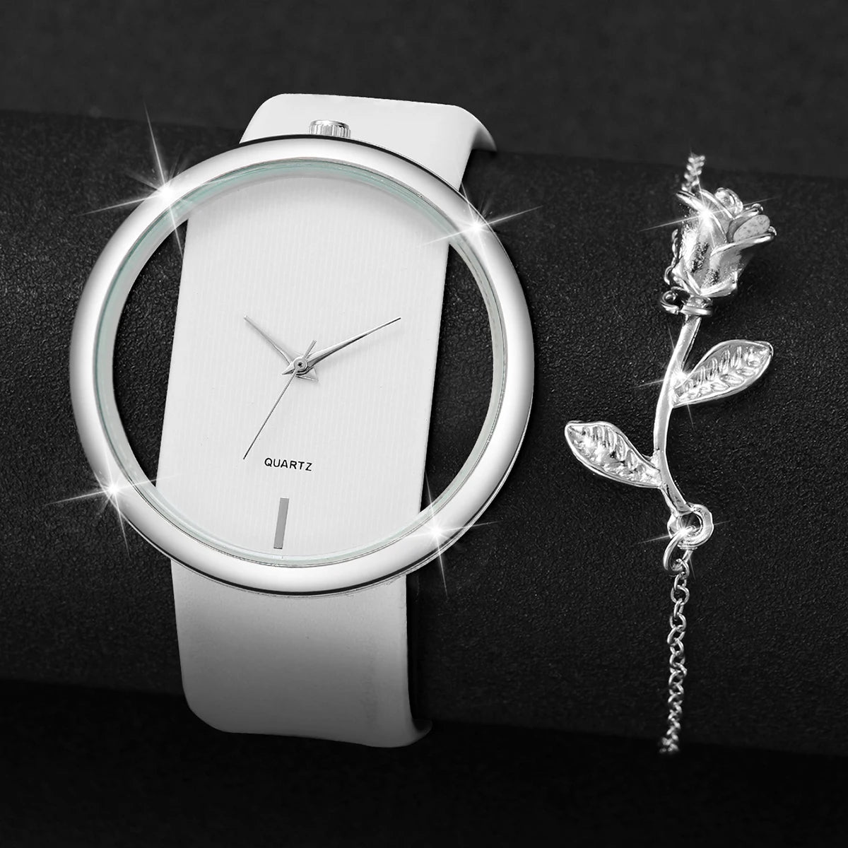 2PCS/Set Fashion Hollow Dial Women Watches Leather Band Quartz Watch Flower Bracelet Set
