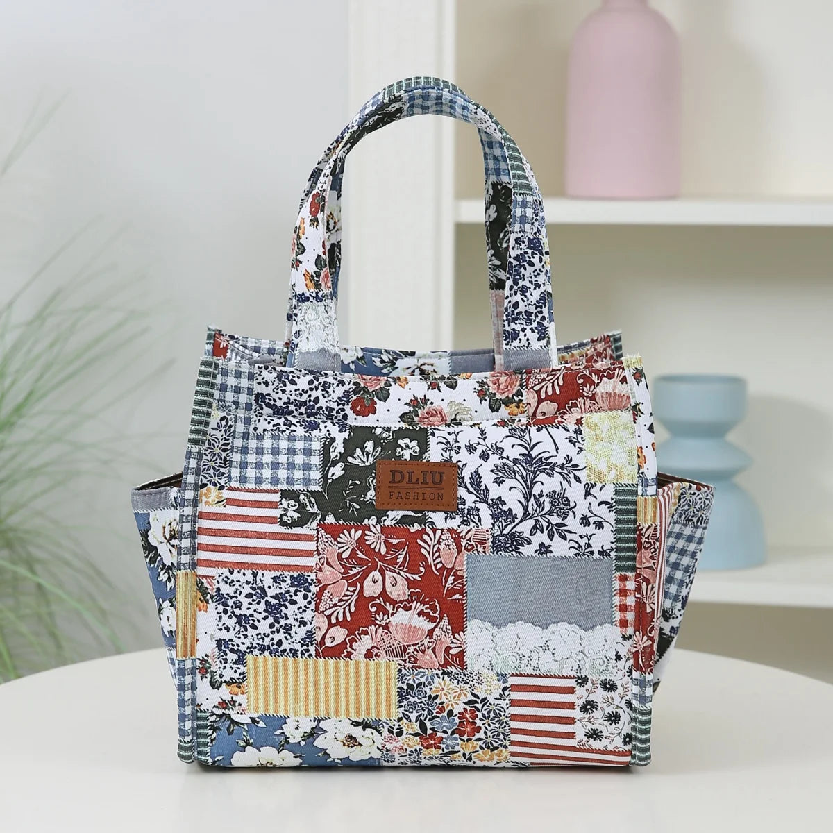 New floral print thickened fabric handbag, lunch bag, portable lunch box storage bag, zipper design, multifunctional tote