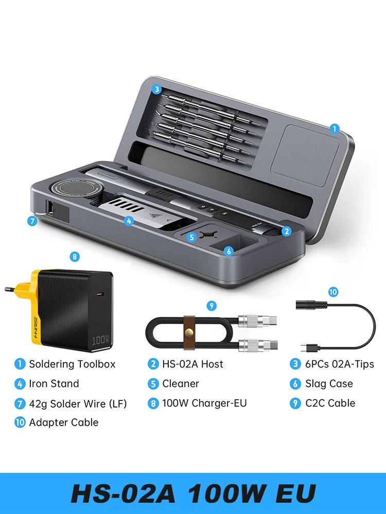 FNIRSI HS-02 Electric Soldering Iron PD100W Power Adjustable 100-450 ℃ Temperature Rapid Heating Repair Portable Toolbox Kit