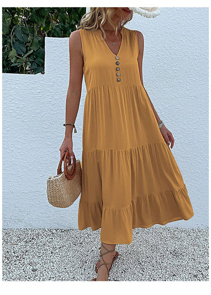 Casual Summer Midi Dress Women Sleeveless Tank V Neck Buttons Ruffle Loose Dresses Beach Soild Sundress Fashion