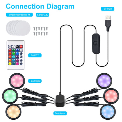24Key Remote RGB Under Cabinet Light 5V USB Switch 1 2 4 6 Lights Kit Slim Lamp for Kitchen Display Case Home Bar Desk Accent