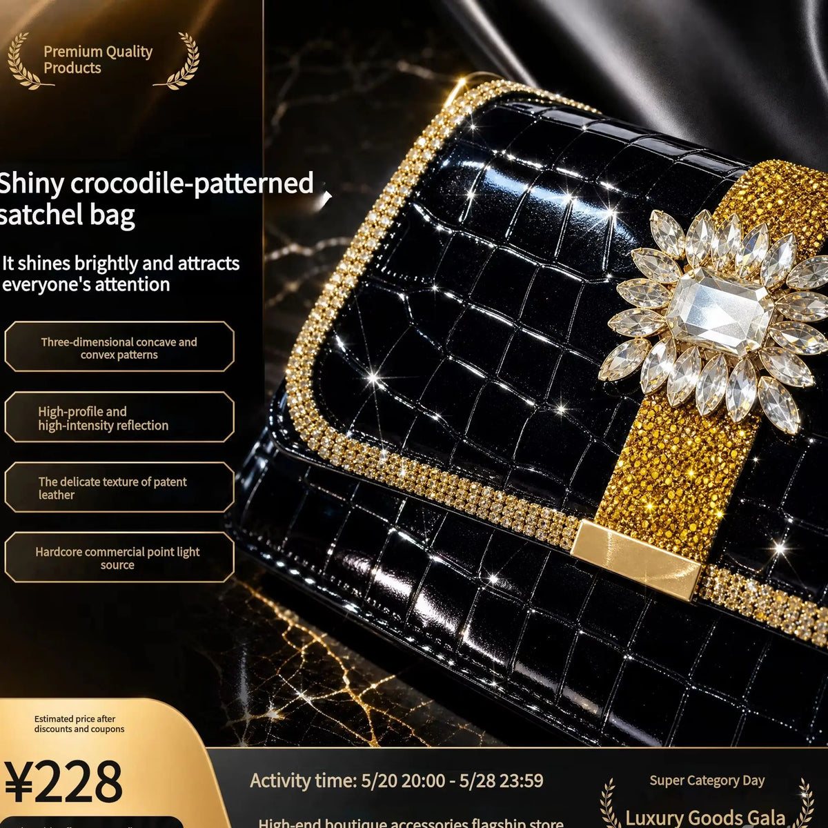 Purely Handmade Luxury High-End Women's Shoulder Bag with Heavy-Duty Diamond Embellishment, European and American Classic Style Gold Moissanite Rhinestone Bag, Fixed Shoulder Strap Crocodile Pattern Pu Backpack, Sparkling Rhi