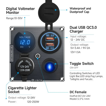 12v Usb Dual Car Cigarette Lighter Socket Charger Mobile Phone Power Waterproof Usb Port Adapter 5v Sockets Voltmeter Digital