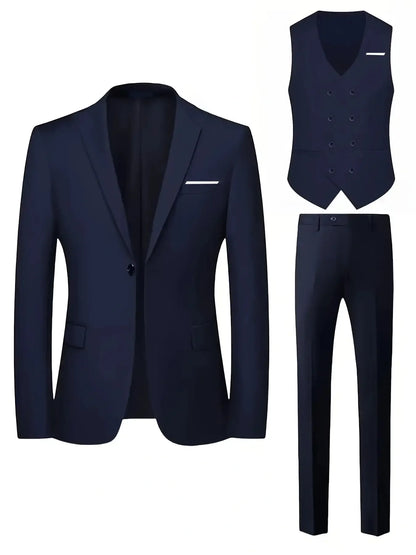 Men's Business Formal Suit 3-Piece Single Breasted Notch Lapel Solid Double Breasted Vest Elegant Office Party Wedding