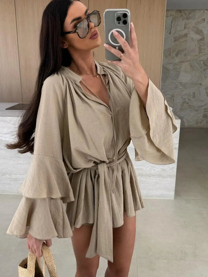 Women's V Neck Tie Waist Mini Dress With Tiered Bell Sleeves Casual Short Romper