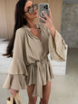 Women's V Neck Tie Waist Mini Dress With Tiered Bell Sleeves Casual Short Romper