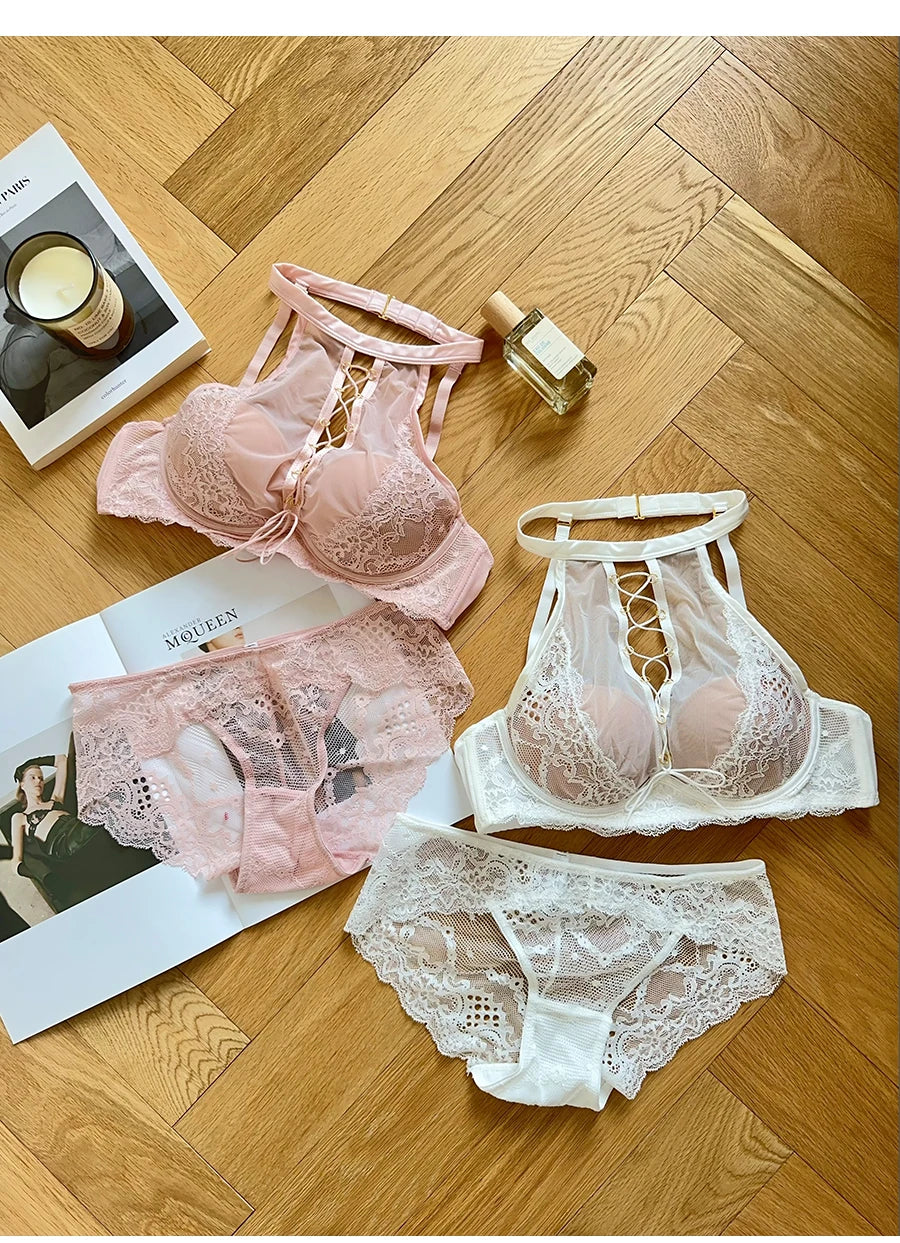 Luxury French Lace Halter Bra Small Chest Push-Up Sheer Bralette Seductive Allure Black Lingerie Set Wire-Free Comfort MOYISU AB