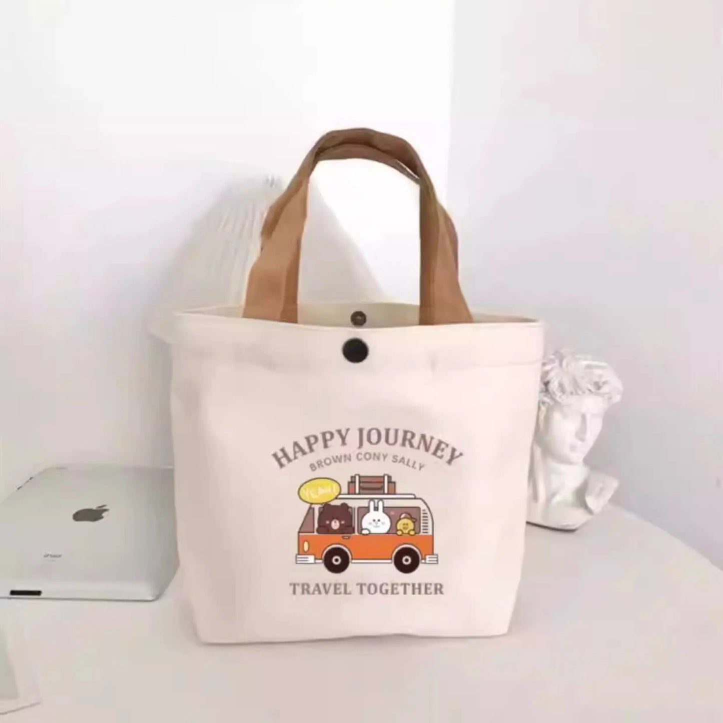 Little Bear Canvas Bag, Female Printed Versatile, Student Portable, Office Handbag, Bento Bag, Handbag, Sail Bag