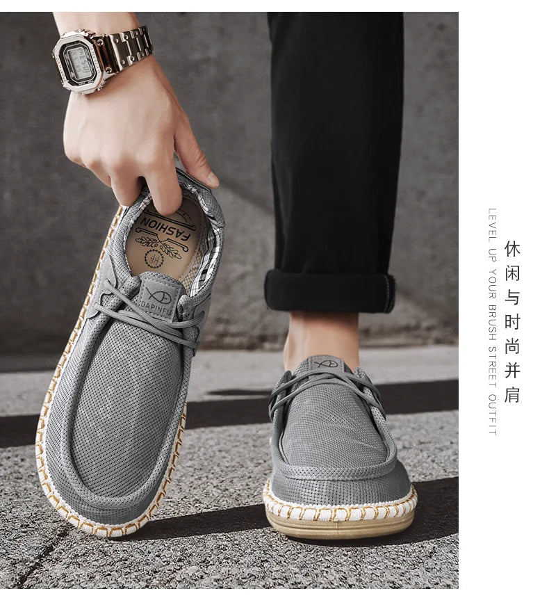 2026 Summer New Men Slip-on Breathable Mesh Shoes, Lazy Casual Hemp Sole Low-top Loafers, Lightweight Anti-slip Fisherman Shoes