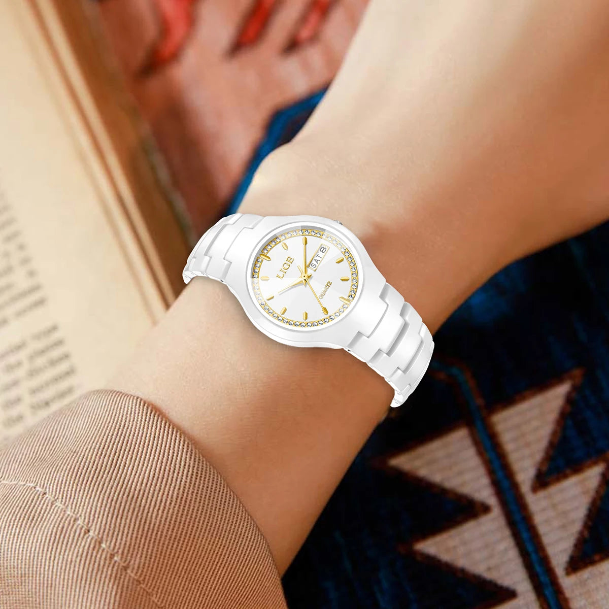 LIGE Women's wristwatch elegant women's watch ceramic quartz waterproof clock week calendar fashion Watch for Women reloj mujer