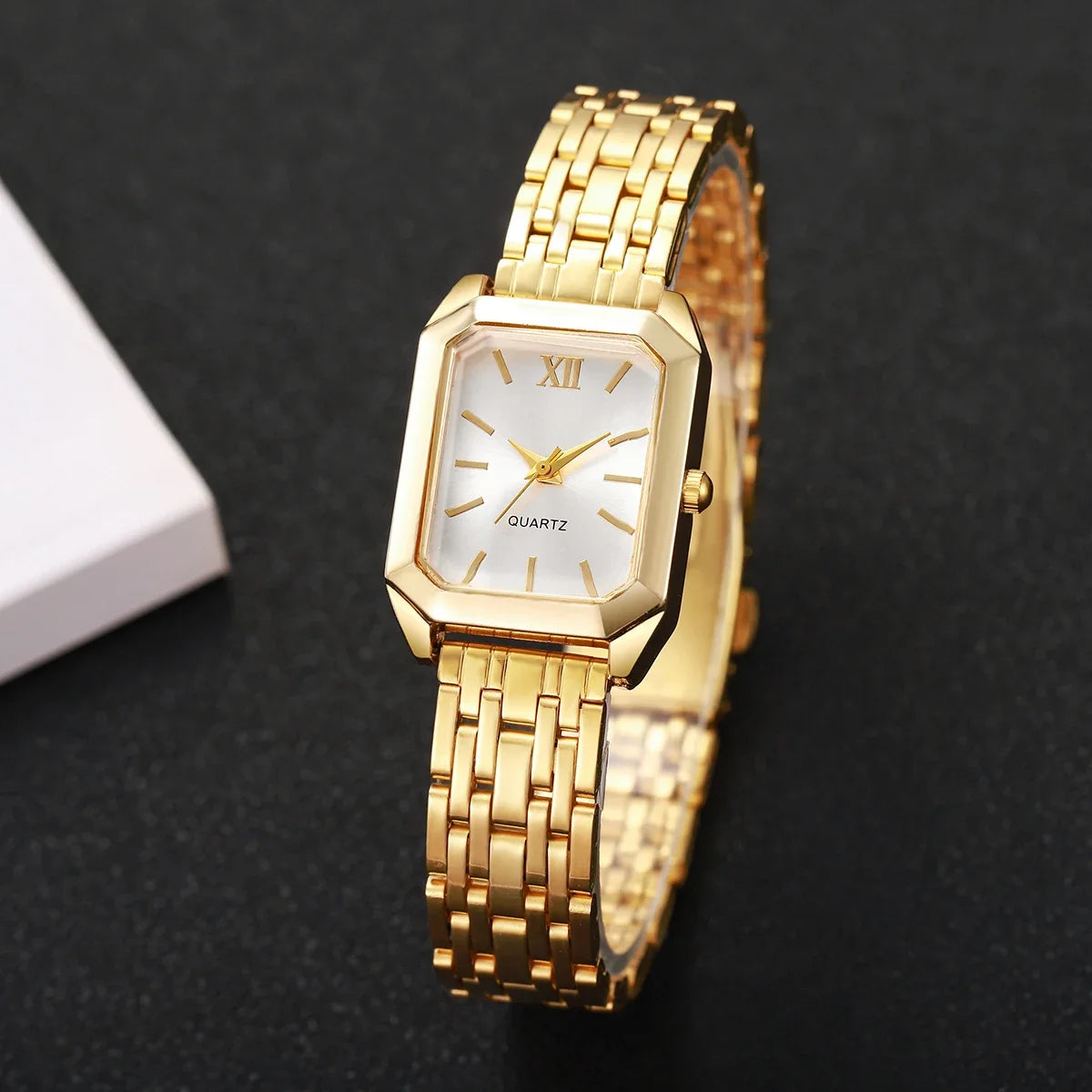 4PCS Elegant Rectangle Women Watch Rhinestone Bracelets Set Fashion Roma Dial Quartz Wristwatches Relogio Feminino (Without Box)