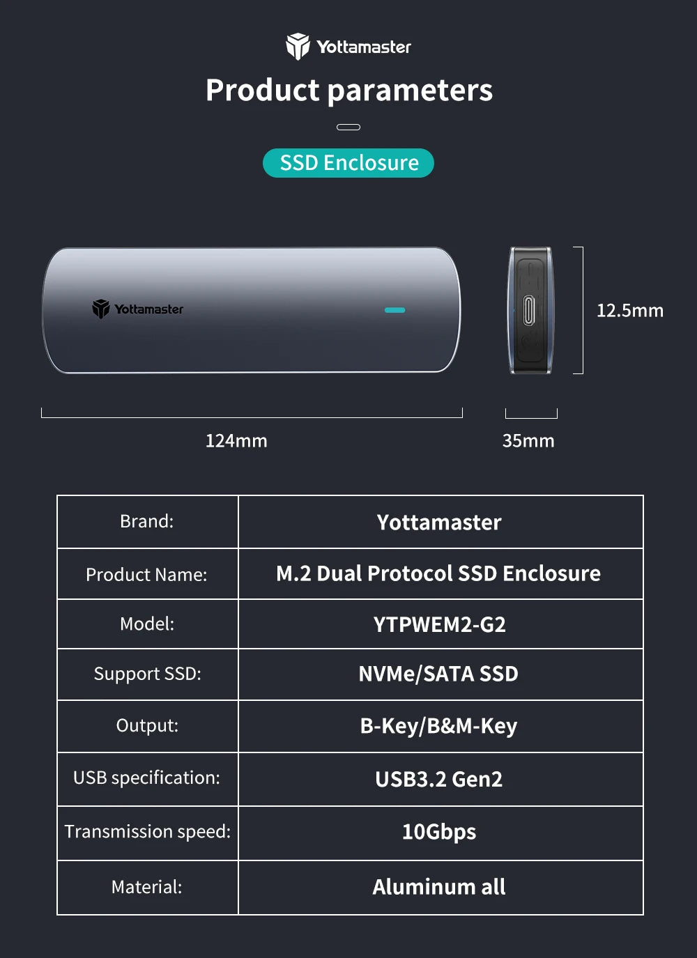 Yottamaster SATA M.2 NVMe SSD Enclosure Dual Portocol NVMe to USB Adapter USB 3.1 Gen2 USB C External Case Box Aluminum alloy
