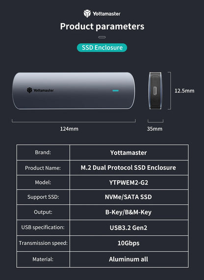 Yottamaster SATA M.2 NVMe SSD Enclosure Dual Portocol NVMe to USB Adapter USB 3.1 Gen2 USB C External Case Box Aluminum alloy
