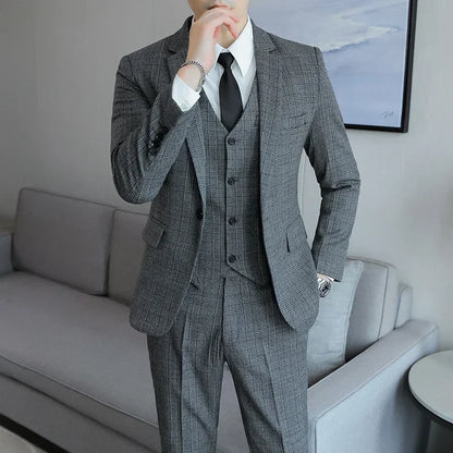 Hemp (blazer+Vest+Pants) Fashion Business Leisure Hosts Slim-fit Cotton Hemp Gentleman Wedding Work Wedding Suits for Men M-5XL
