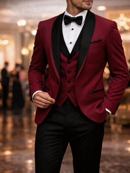 Men's Slim Fit Business Suit Black Shawl Lapel Casual Tuxedos for Wedding Groomsmen Suits Set