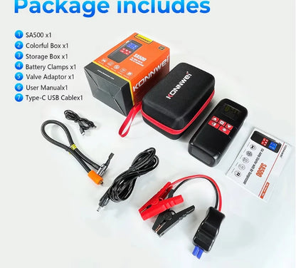 2026 KONNWEI SA500 4 w 1 Profesjonalna Pompka Samochodowa do Kół z Funkcją Rozruchu, Powerbanku i Przenośnej Lampy SOS 12V Zestaw Narzędzi Samochodowych