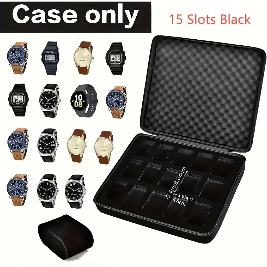 A Watch Box with 15 Compartments,Featuring Shockproof Foam Padding And a Portable Hard Shell Design,for Home Storage