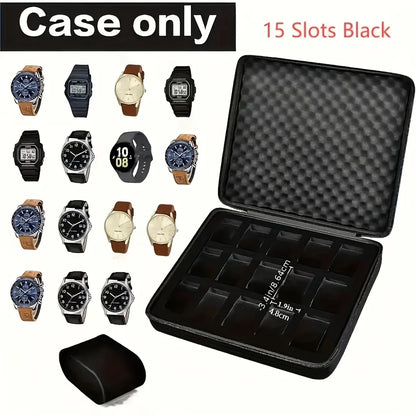 A Watch Box with 15 Compartments,Featuring Shockproof Foam Padding And a Portable Hard Shell Design,for Home Storage