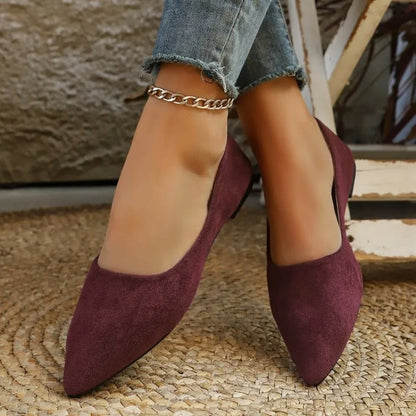 Women's Navy Blue Suede Pointed Toe Flat Shoes | Rhinestone Green Gem Decor Ballet Flats | Elegant Office Casual Shoes