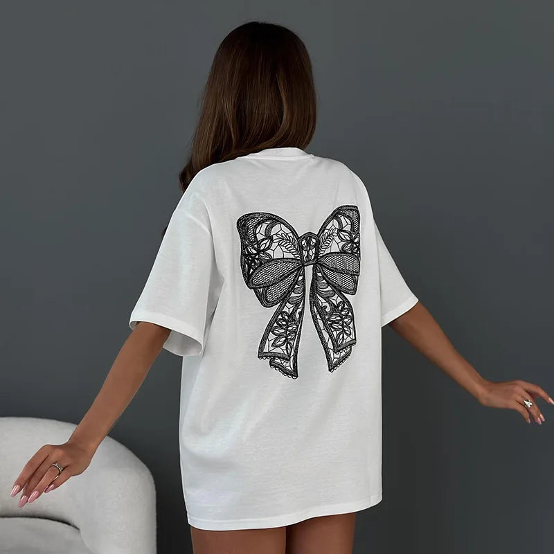 CGC Simple Style Casual Versatile Bow Short-Sleeved T-shirt For Women O-Neck Korean Fashion Female Clothing Y2K Tees Loose Tops