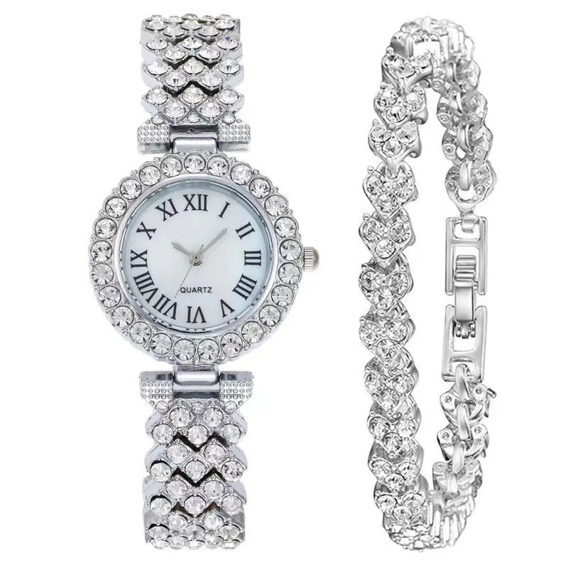 2PCS Women's Watch Fashion Rhinestone Ladies Analog Quartz Watches Bracelet Set Reloj Mujer Girls Clock Gift Relogio Feminino