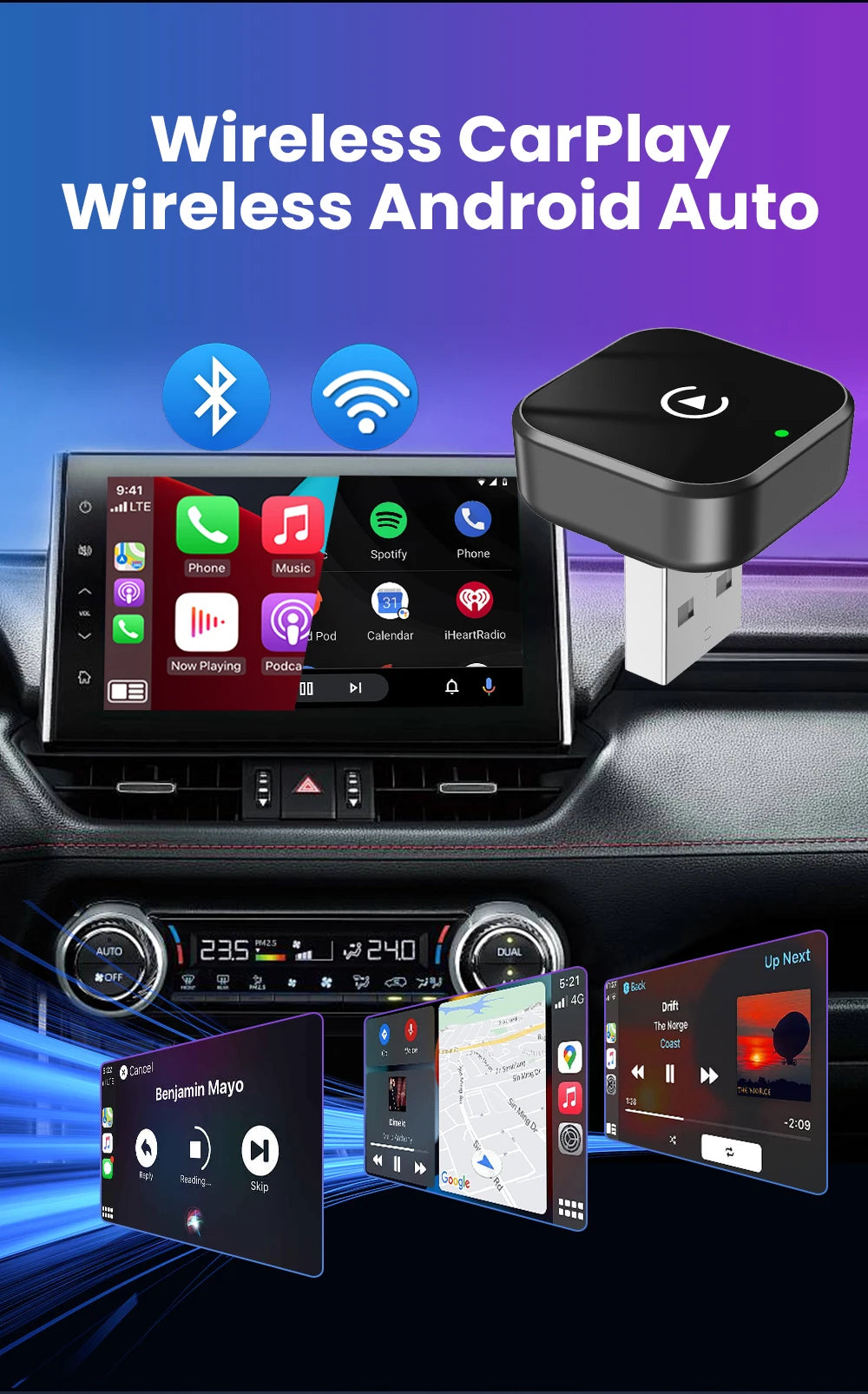 2in1 Wireless CarPlay Adapter Android Auto AI Smart Box Car Intelligent System Suitable For VW Toyota Nissan Honda Kia Opel MG