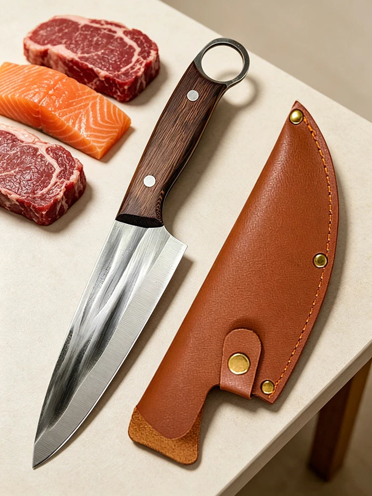Kitchen Chef Knife with Sheath Meat Cleaver Boning Slicing Sushi Fish Beef Cutting, Wood Handle ﻿
