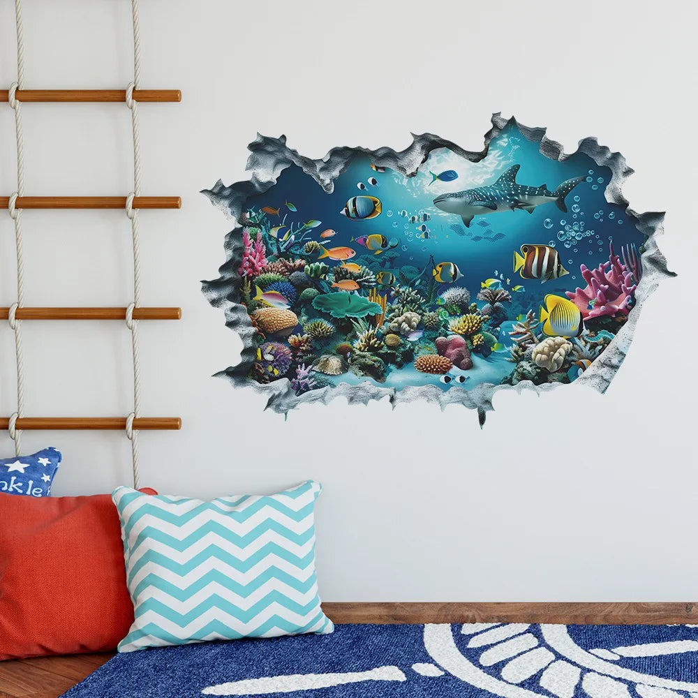 New 3D Wall Stickers Shark Broken Wall Aquarium Ocean Wall Stickers for Kids Rooms Bathroom Kitchen Home Decor Cartoon