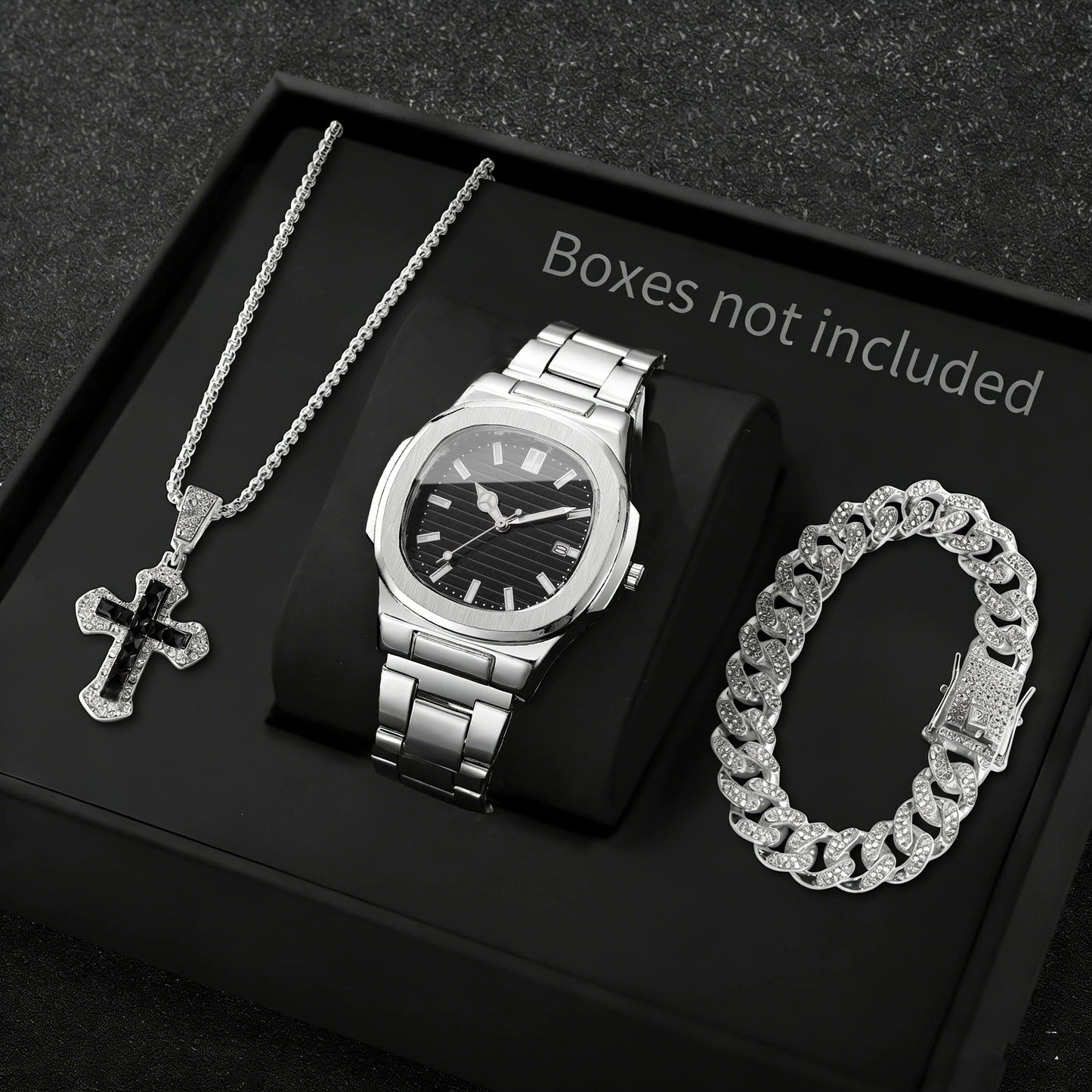 3PCS Fashion Men Business Watches Bracelet Necklace Set Square Dial Stainless Steel Band Quartz Watch with Calendar（Without Box）