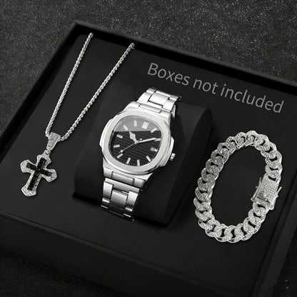 3PCS Fashion Men Business Watches Bracelet Necklace Set Square Dial Stainless Steel Band Quartz Watch with Calendar（Without Box）